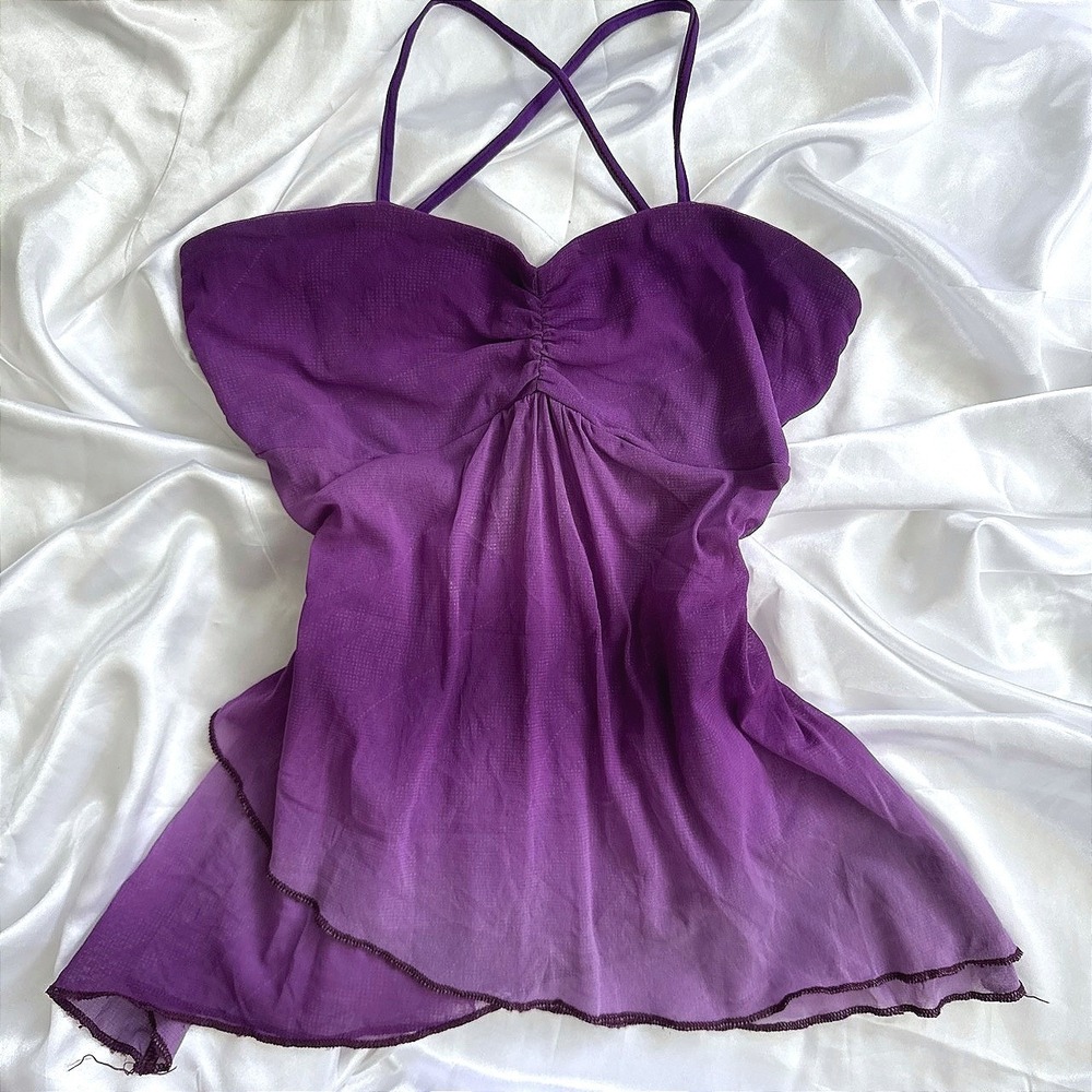 New Look 915 Purple Ombre Cami Top Sheer Mesh Asymmetrical Lettuce Edge Y2K